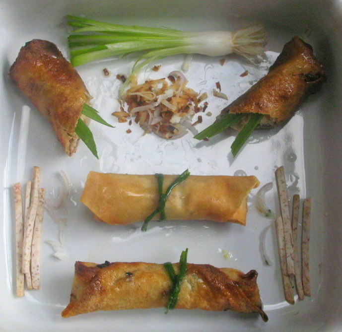 Jade Chicken Spring Rolls with Alliums, Lemongrass, Ginger and Coconut