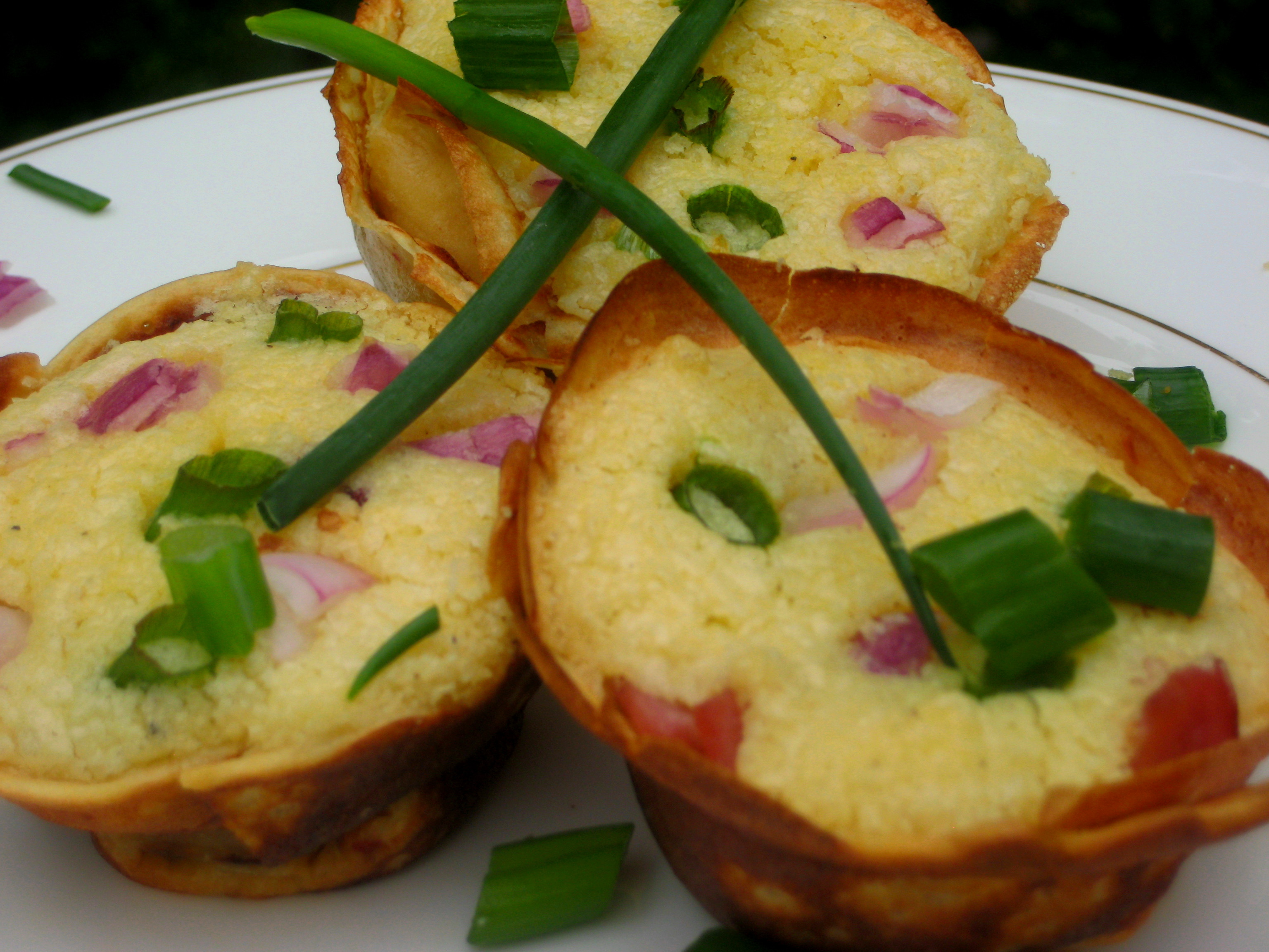 Scallion, Red Onion Mini Souffles in Red Pepper, Buttermilk Crepes