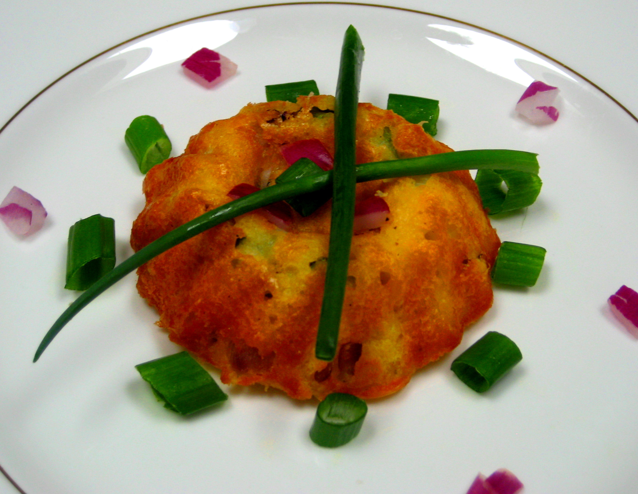 Scallion, Red Onion Mini Souffles in Red Pepper, Buttermilk Crepes
