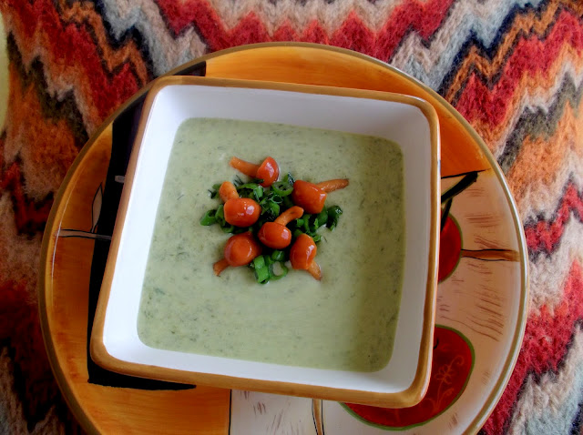 Sorrel Soup, Served with Spring Onions and Prickly Mushroom Relish