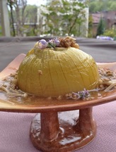 Allium On A Pedestal with Beef Enoki Sauce and Rosemary Flowers