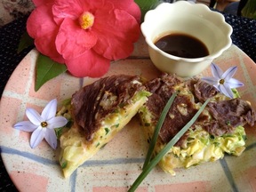 Beef (or Prosciutto Ham) Chive Okonomiyaki with Homemade Chuno Sauce