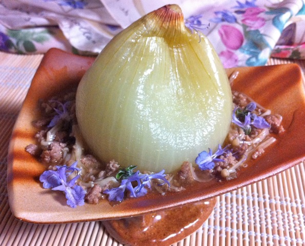 Allium On A Pedestal with Beef Enoki Sauce and Rosemary Flowers