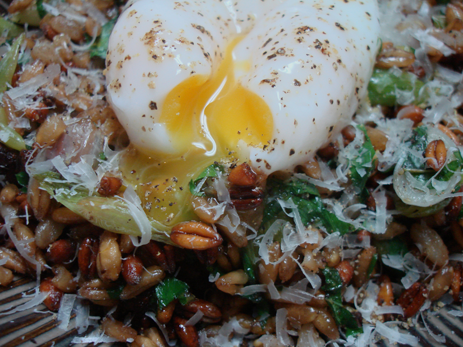 Pan Crisped Farro with Poached Egg and Spring onions