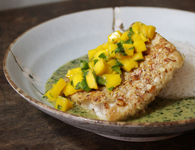 Almond Crusted Mahi Mahi with Coconut Basil Sauce