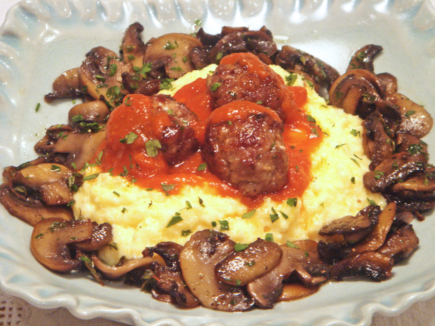 Polenta with spicy meatballs and sautéed mushrooms