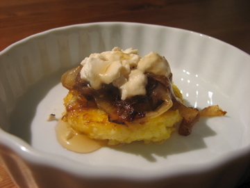 Griddled Polenta Cakes with Caramelized Onions, Goat Cheese, and Honey