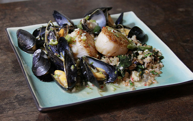 Coconut Mussels and Scallops on Gingered Farro with Kale