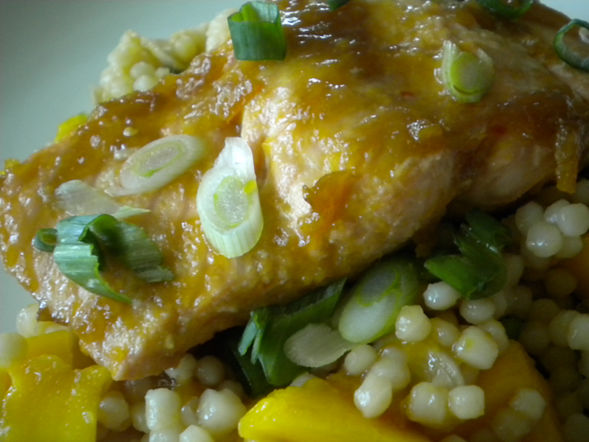 Mango Glazed Salmon Over a Salad of Mangoes and Couscous