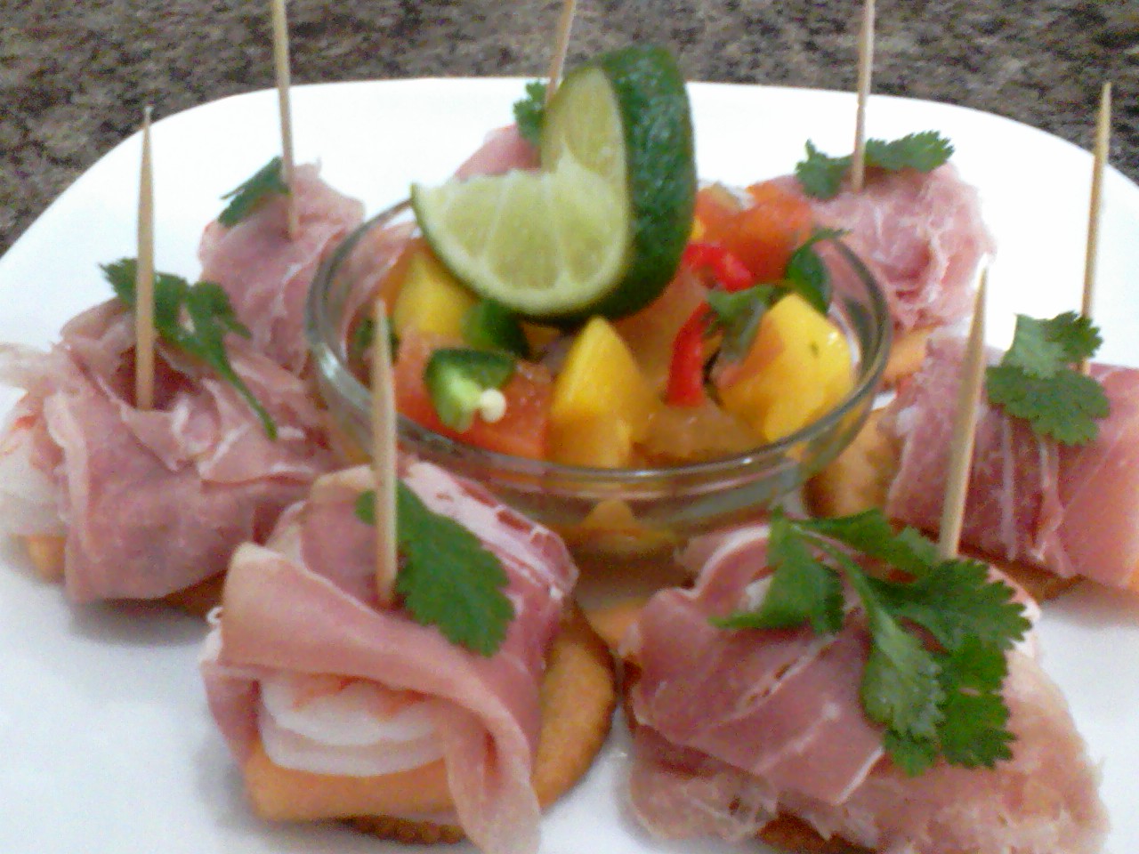 Tropical Mango Salsa with Proscuitto Wrapped Shrimp