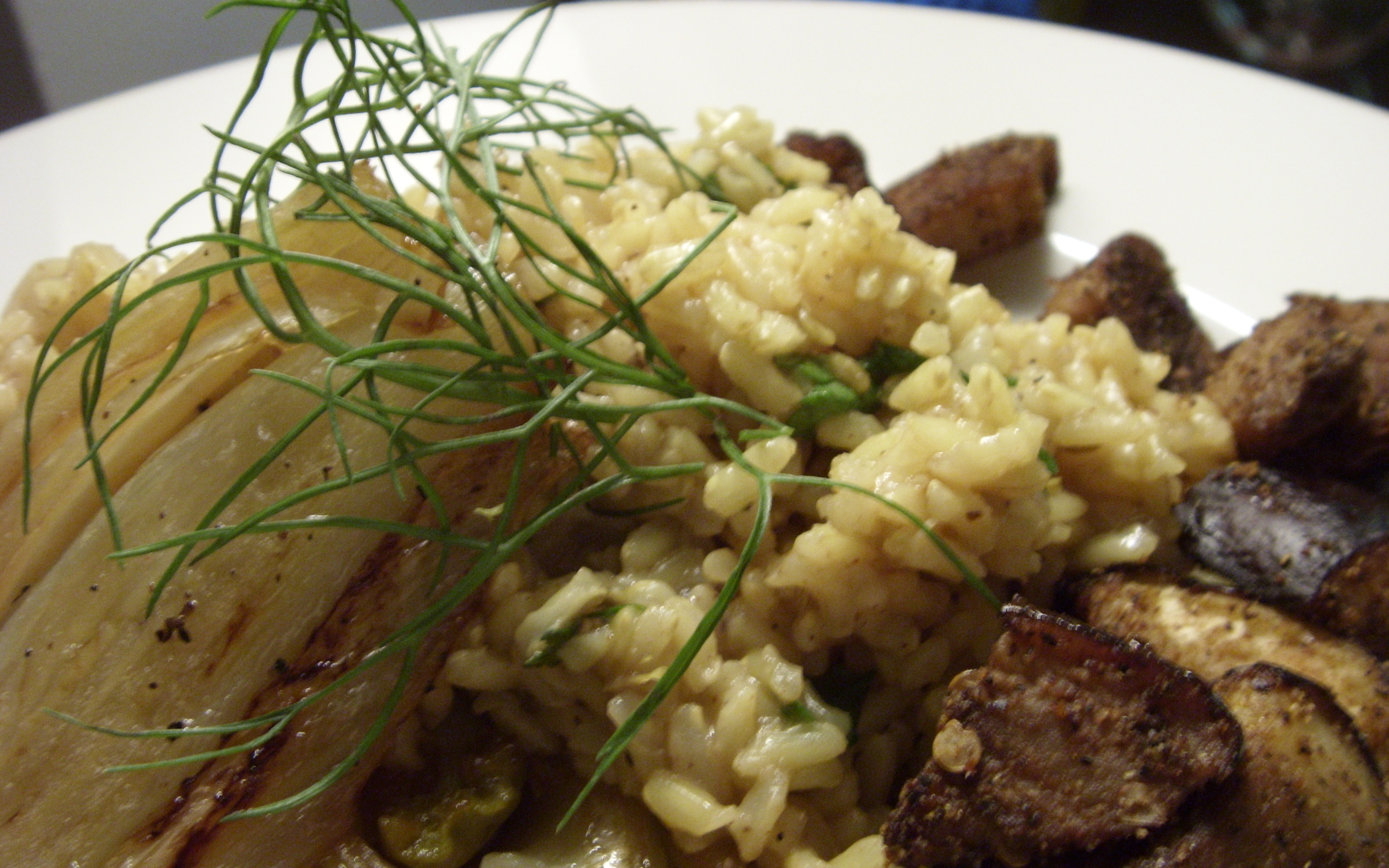Fried Brown Rice with Braised Fennel and Roasted Eggplant