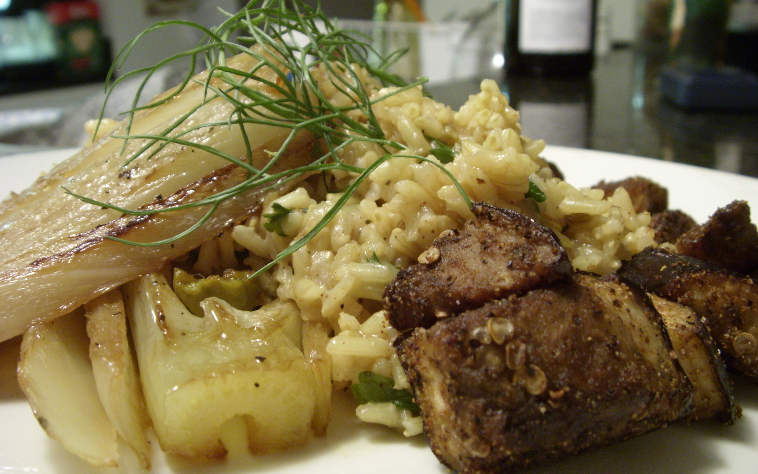 Fried Brown Rice with Braised Fennel and Roasted Eggplant