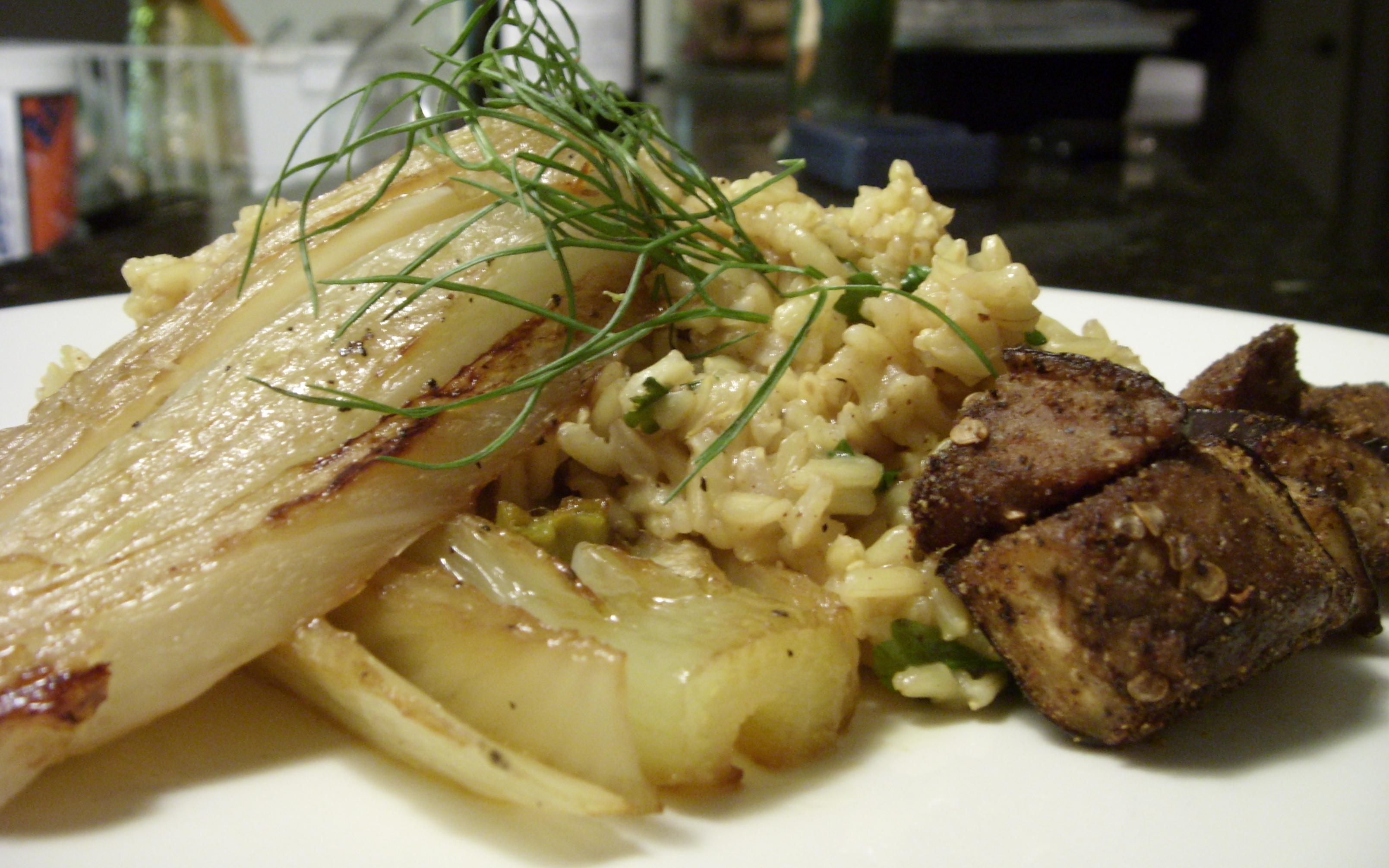 Fried Brown Rice with Braised Fennel and Roasted Eggplant