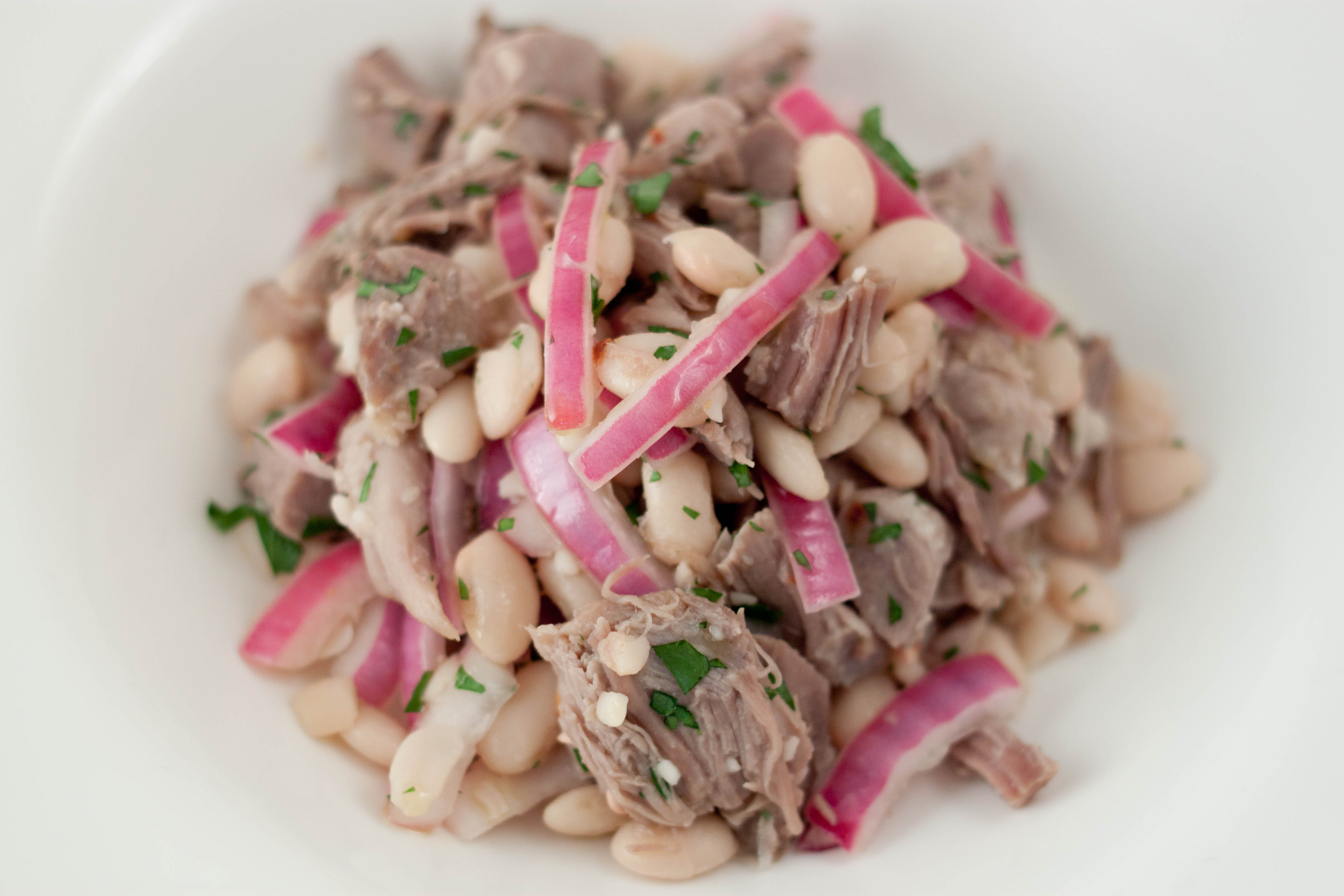 BRAISED PORK WITH WHITE BEANS AND PICKLED RED ONION