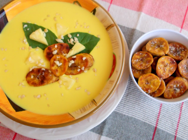 Tropical Gazpacho Served with Fried Ripe Plantains