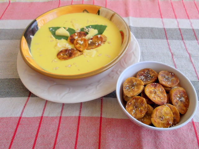 Tropical Gazpacho Served with Fried Ripe Plantains