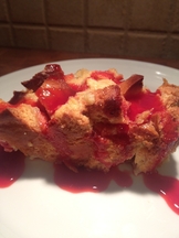 Gooey Mango Bread Pudding with Raspberry Sauce
