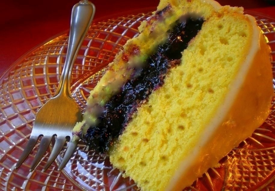 Monet's Mango Surprise: Lemon Pecan Spice Cake filled with Blueberries and Mango
