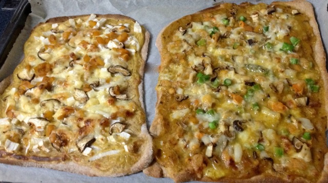 Mango Curry Pizzas with Scallops, Asparagus, Yama Imo, Mushrooms & Chicken