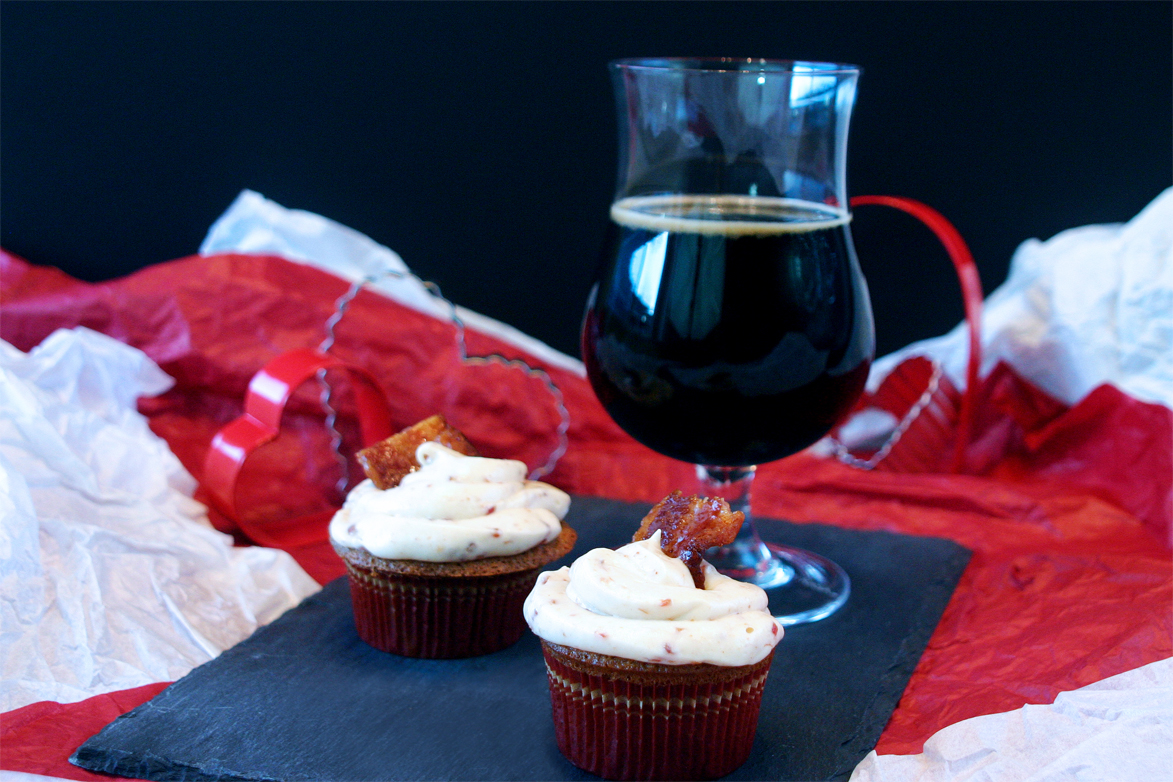 Maple Stout Cupcakes with Candied Cayenne Bacon