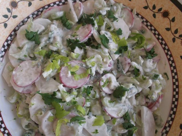 Crunchy Celery, Radish and Turnip Salad-Slaw in Blue Cheese Sauce