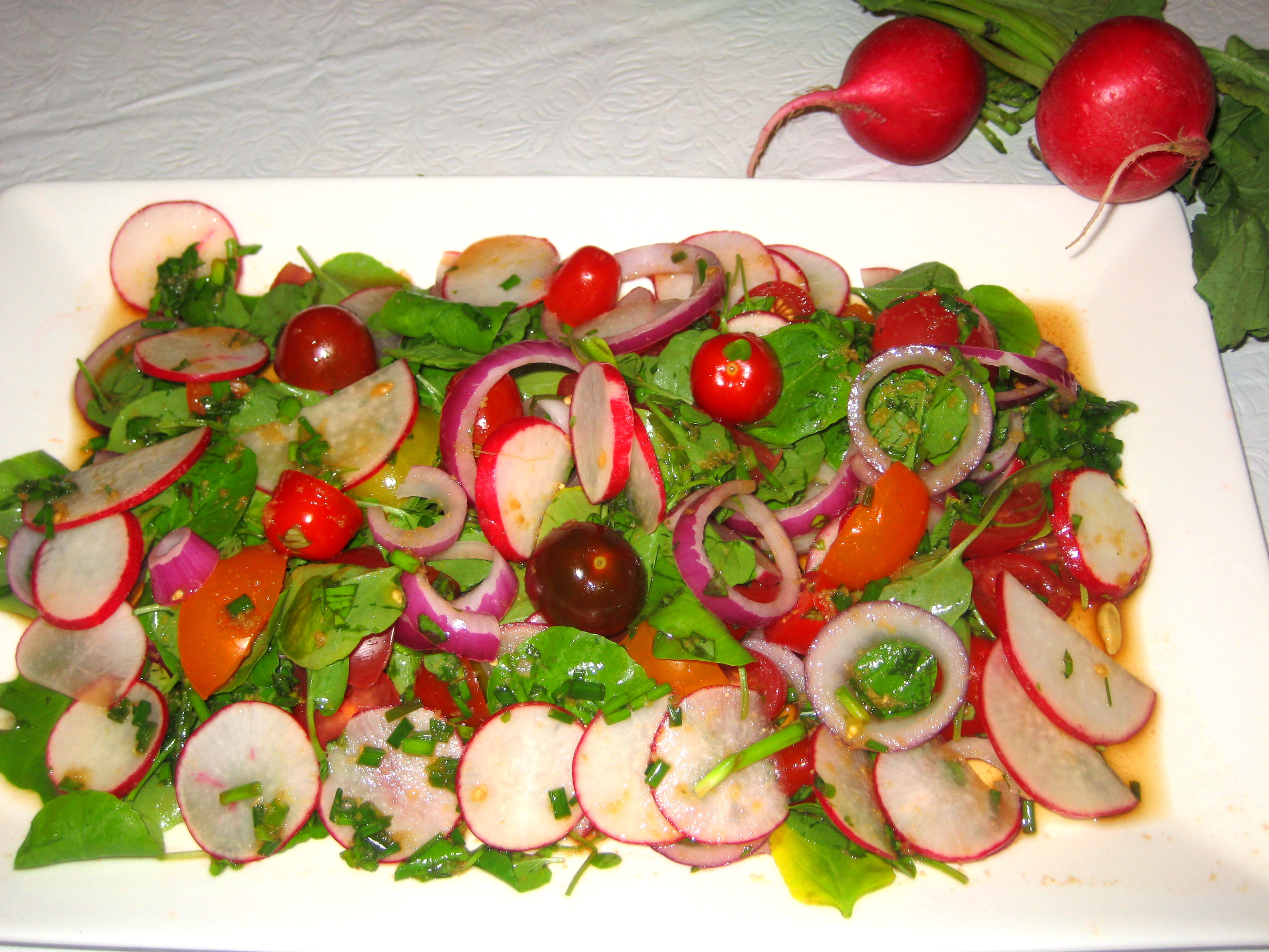 Refreshing Radish, Watercress, Tomato Salad with Lime-Soy-Ginger Dressing