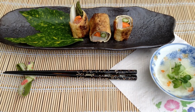 Hot Aburage Rolls with 3 Kinds of Daikon and Asparagus & Carrot