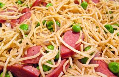 Garlicky Angel Hair with Sausage and Peas