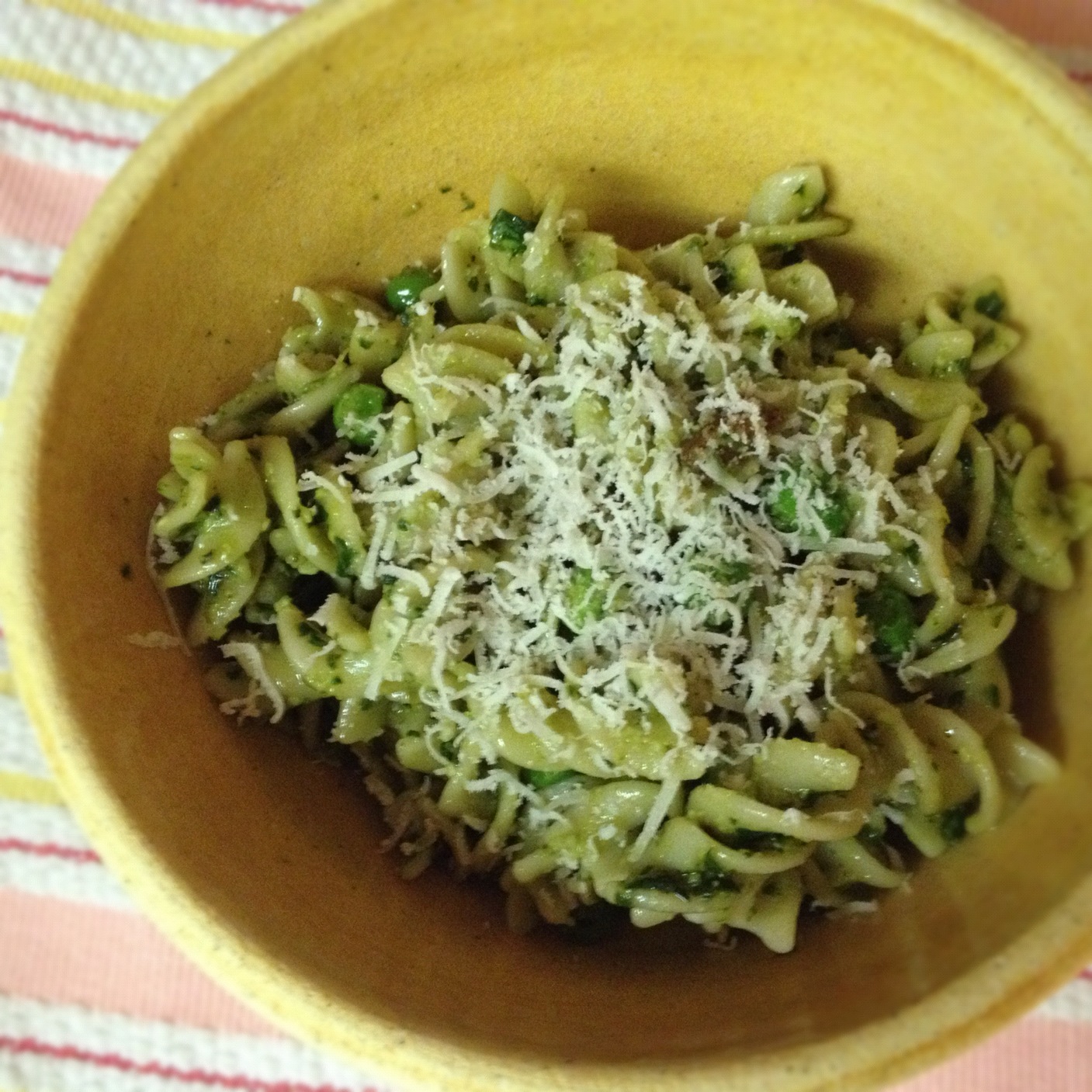 Fusilli with Pesto, Pancetta, and Peas