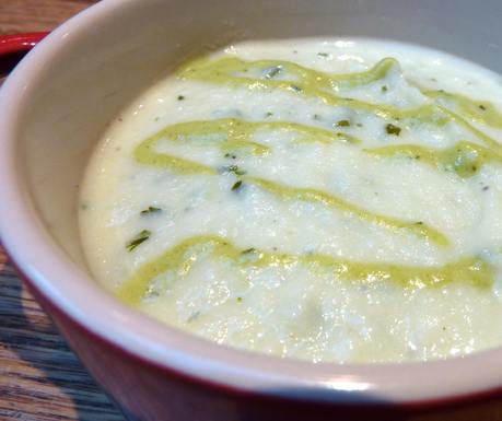 Roasted Cauliflower Soup with Chimichurri and Poblano Creme Fraiche