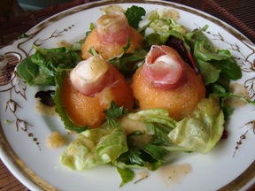 Melon, Prosciutto, and Mozzarella Appetizer with a Mint Melon Dressing