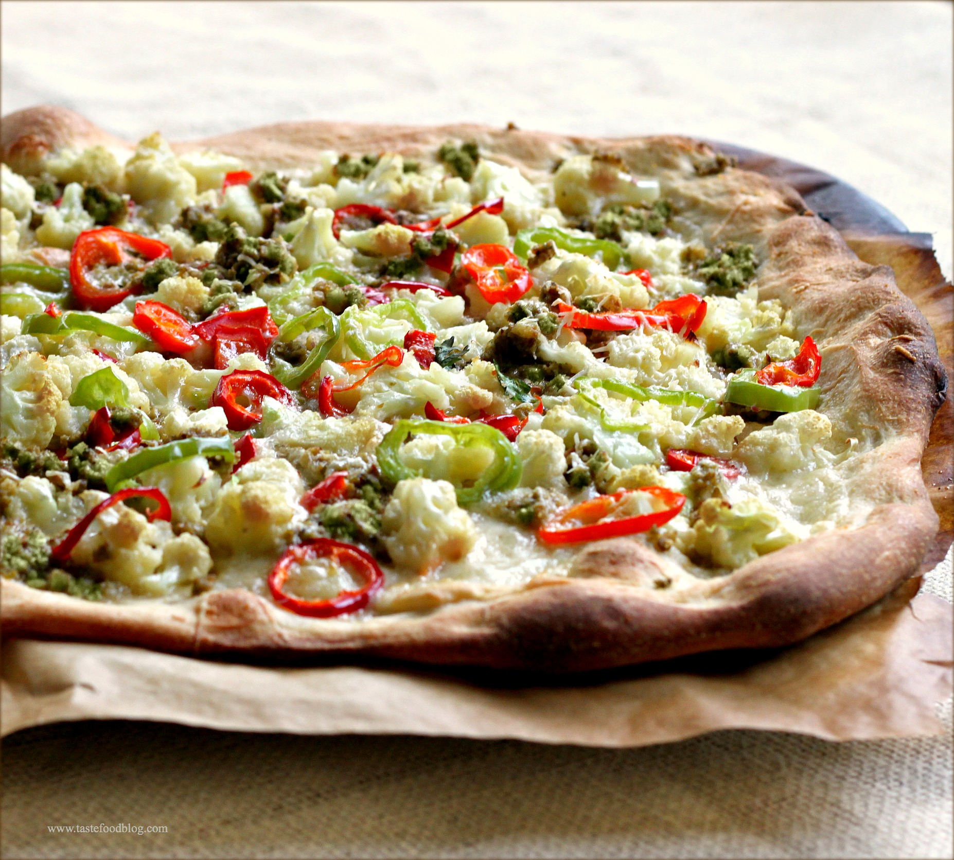 Pizza with Roasted Cauliflower, Calabrian Chiles and Green Olive Tapenade