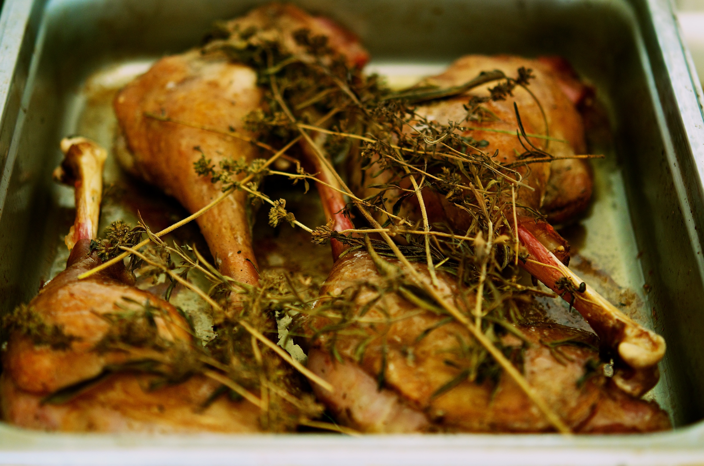 Ham Cured Goose Legs with Butter Poached Peas and carrots