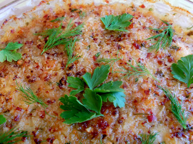 Bay Scallops, Shrimp and Calamari Gratin, Flavored with Mortadella