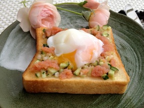 Mentaiko or Bottagra Cucumber Toast with Poached Egg