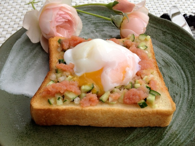 Mentaiko or Bottagra Cucumber Toast with Poached Egg