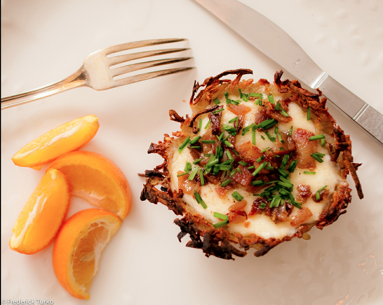 Eggs in a Basket with Maple Bacon, Fontina & Chives