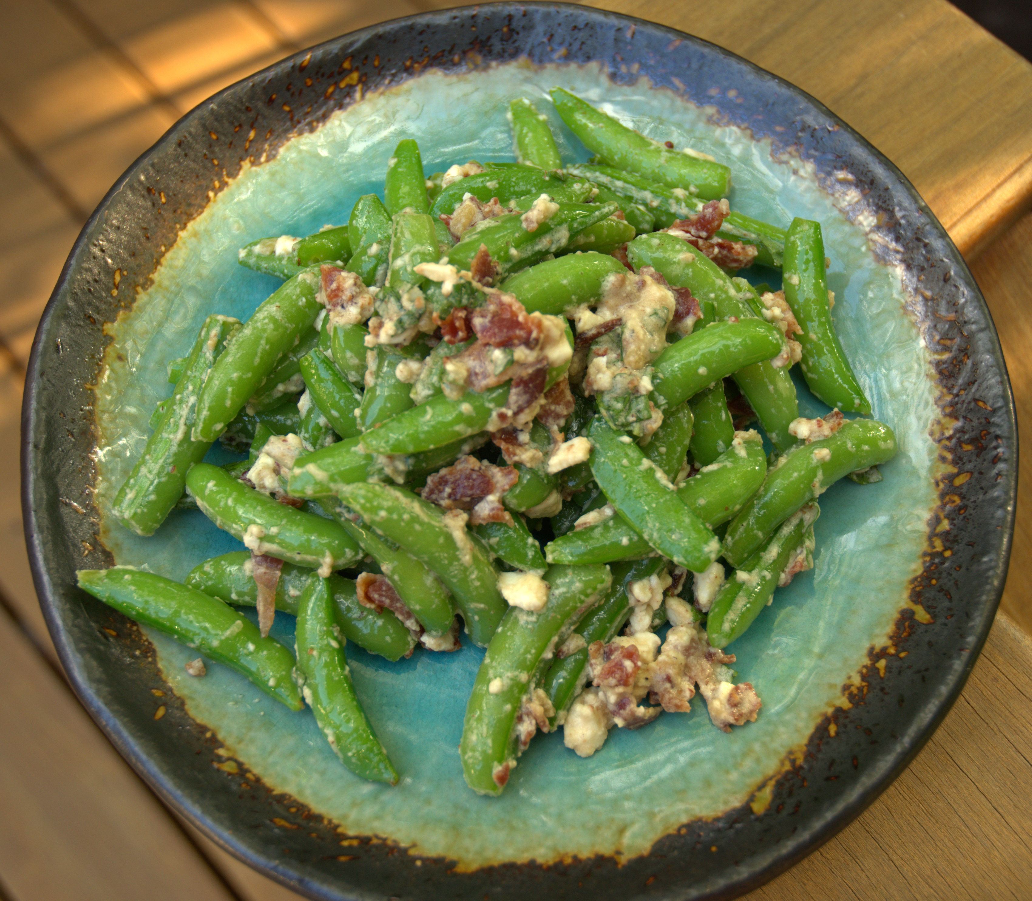 Sugar Snaps with Bacon, Maple, Feta and Mint