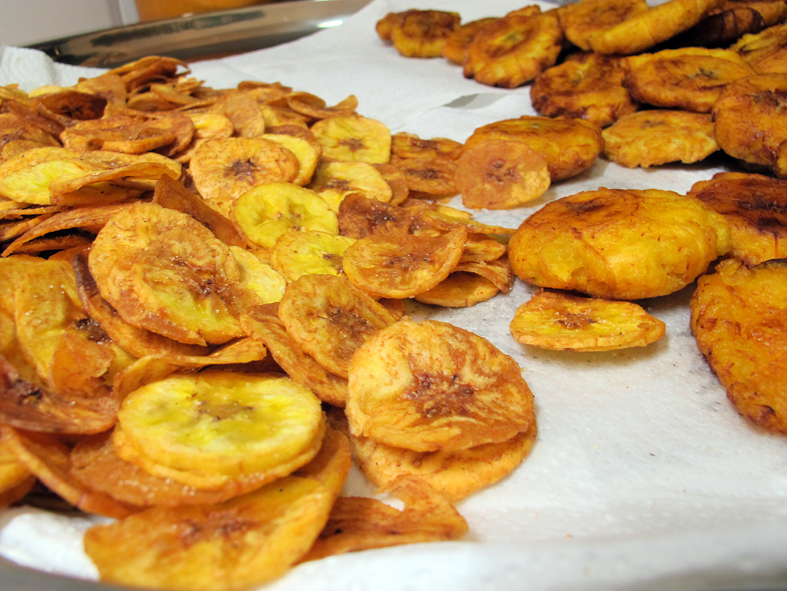 Patacones and Chifles (plantains cut fat and thin)
