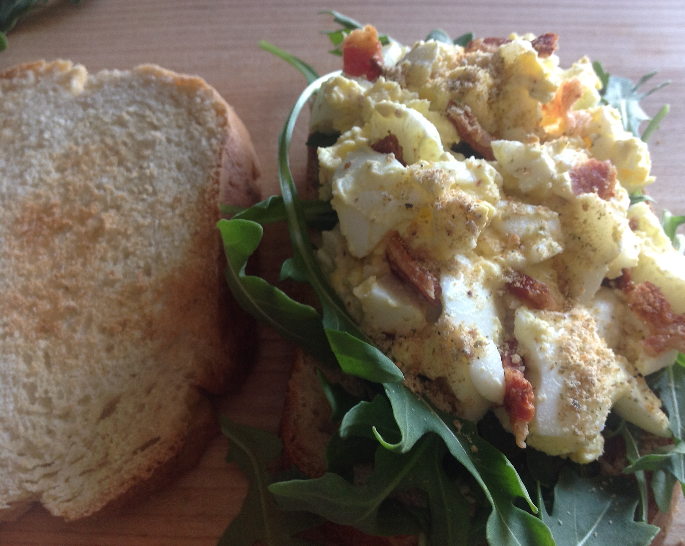 Bacon and Egg Salad Sandwich with Dukkah and Peppery Greens