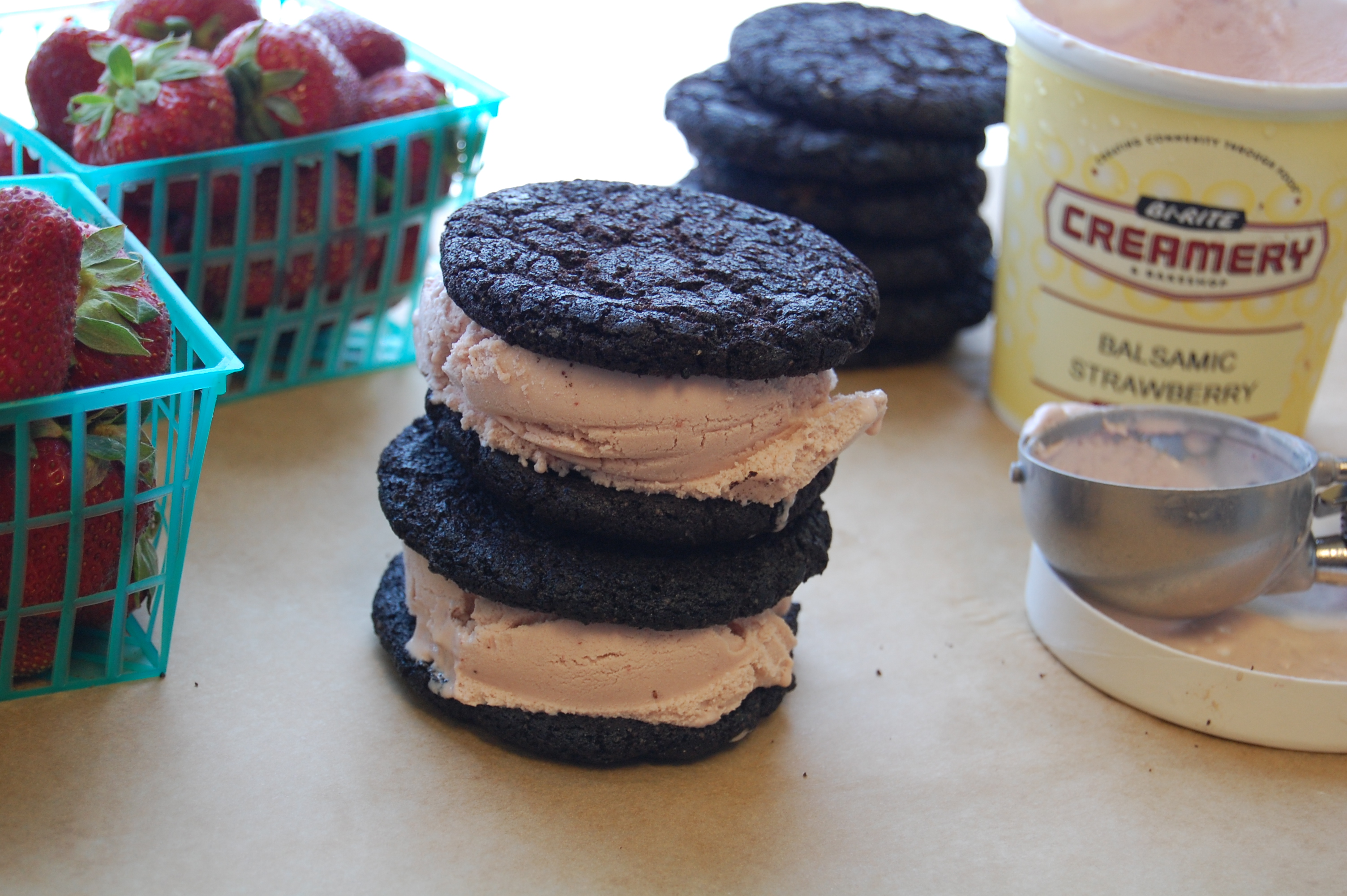 Balsamic Strawberry Ice Cream and Dark Chocolate Cookie Sandwiches