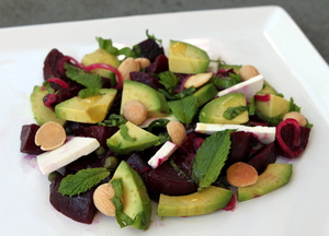 Avocado and Roasted Beets with Black Olives, Ricotta Salata and Marcona Almonds