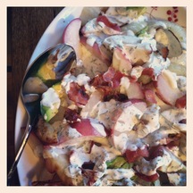 Grilled peach, onion, and avocado salad