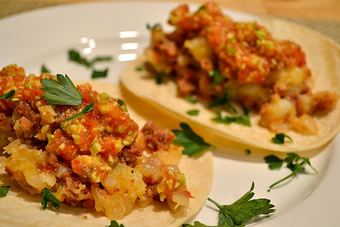 Potato Chorizo Tacos with Avocado Salsa