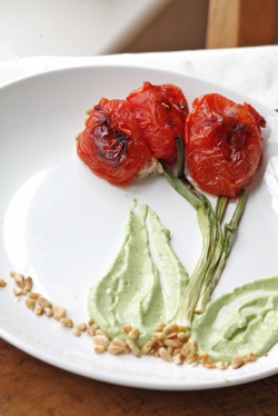 Oven Roasted Tomato Tulips with Tuna Salad and Avocado Puree