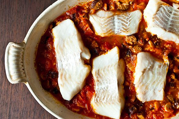 Roasted cod with linguica