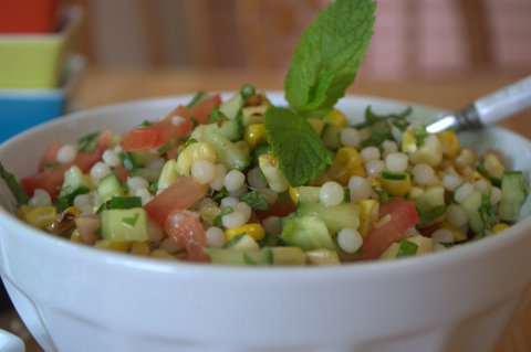 Minty Fregola & grilled corn salad