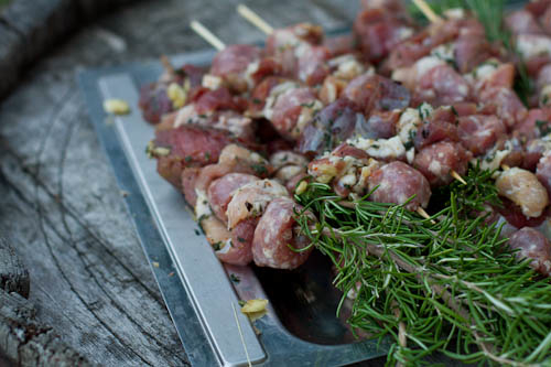 Grilled Rosemary Skewers of Steak Wrapped-In Pancetta and Sausage