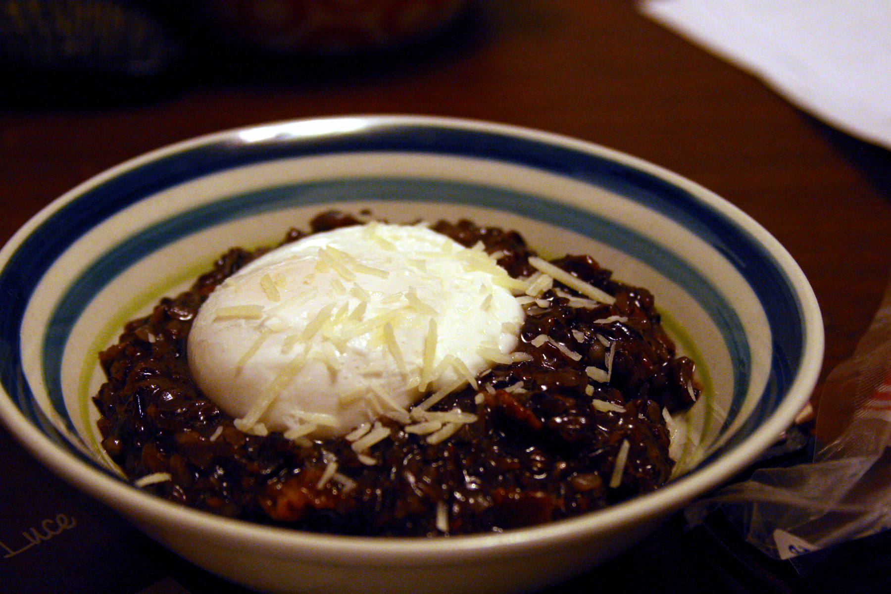 Poached Egg over Bacon Black Risotto (Adapted from Jill Duple & Alton Brown)