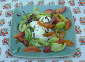 Pluot, Green Tomato and Mozzarella Salad